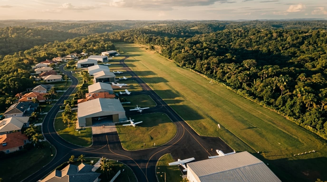 Vista aérea de condomínio aeronáutico com pista central e hangares residenciais