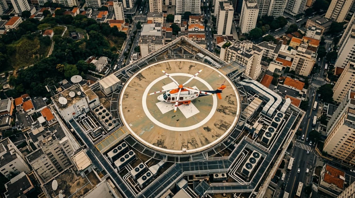 Heliponto hospitalar com marcação FATO e área de pouso iluminada