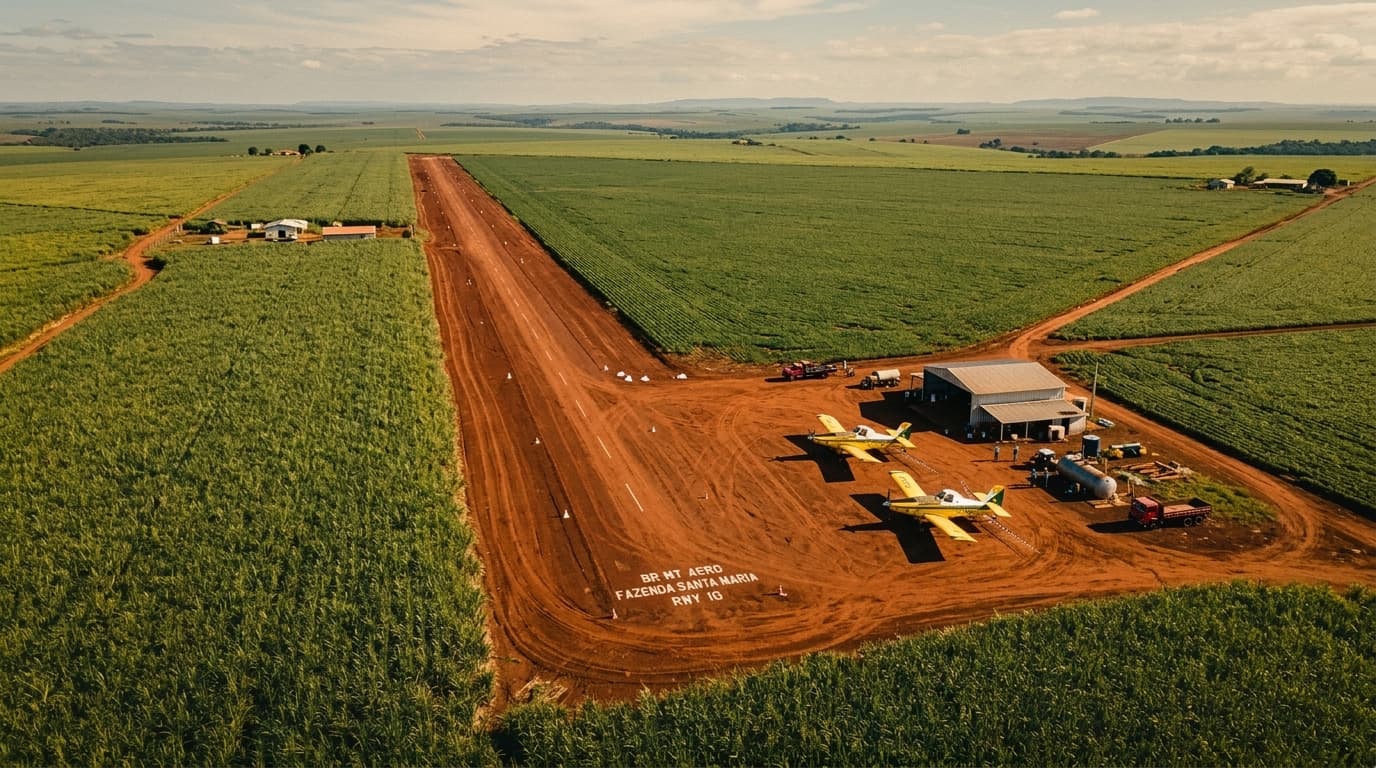 Pista de aeródromo rural com aeronaves em pátio e hangar