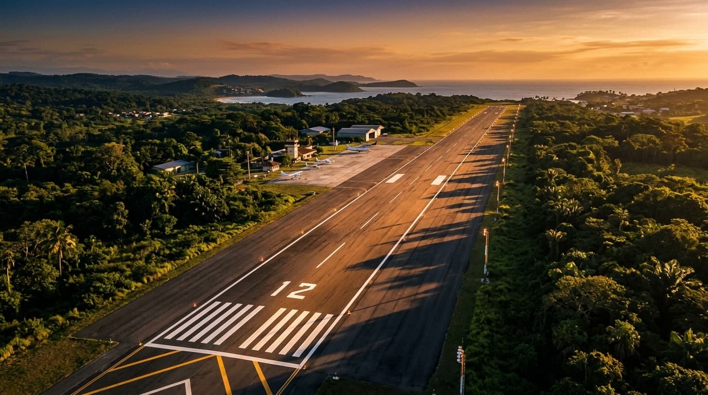 Vista aérea de pista de aeródromo ao pôr do sol, com vegetação tropical e litoral ao fundo