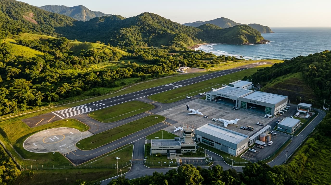 Vista aérea de infraestrutura aeroportuária brasileira ao entardecer