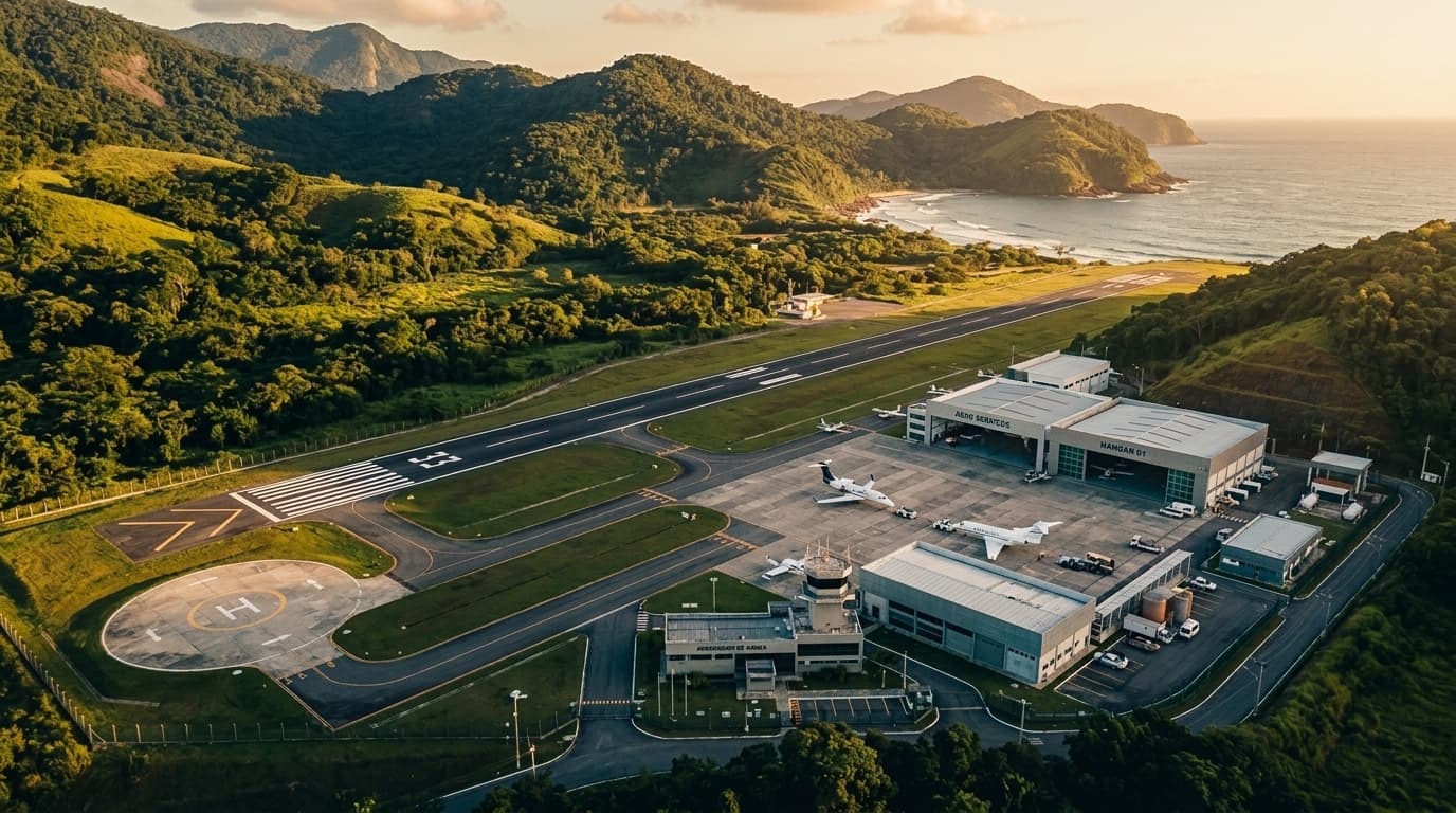 Vista aérea de infraestrutura aeroportuária brasileira ao entardecer
