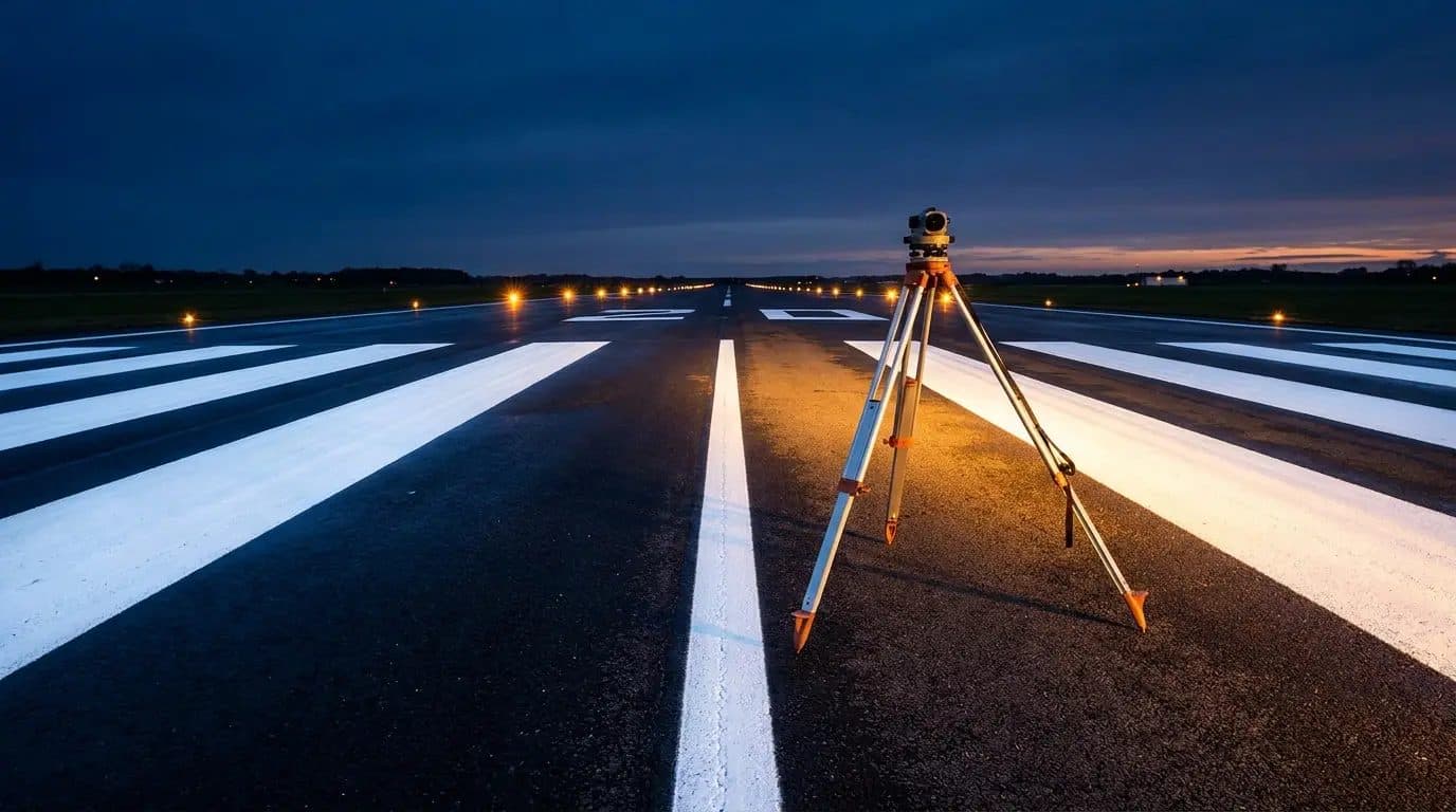 Cabeceira de pista ao anoitecer com equipamento de topografia sobre a sinalização